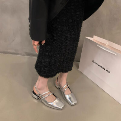 Giày Sandal Mary Jane Đế Thấp Màu Bạc, Giày Cổ Tích, Mùa Hè Mới 2023, Mũi Vuông Gót Vuông, Giày Gót Tối Đơn