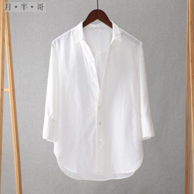 Áo sơ mi nam lụa băng dài tay ba phần tư mùa hè mới rộng rãi phần mỏng thoáng khí màu tinh khiết cotton và vải lanh áo sơ mi nam màu trắng ở giữa tay áo