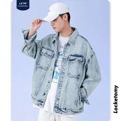 LKTM Nam #ins Đã Rửa Sạch Áo Khoác Denim Nam Dáng Rộng Retro Triều Thương Hiệu Kích Thước Lớn Đẹp Trai Tất Cả Trận Đấu áo Khoác