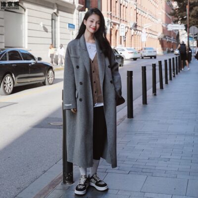 Ảnh chụp thật áo khoác cashmere hai mặt mới mùa thu đông kiểu Hàn Quốc dáng dài phù hợp với áo khoác len màu xám