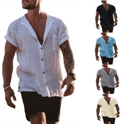 2022 Amazon Chúc Mùa Hè Nam Đồng Màu Vải Lanh Cotton Cardigan Rời Tay Ngắn Bỏ Túi Đơn Giản Áo Sơ Mi Nam