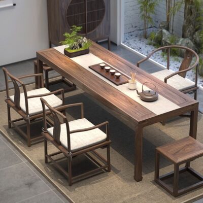 Bàn trà cây du cũ Bàn trà gỗ đặc ghế thư giãn đơn giản phân vuông Bàn trà kiểu Trung Quốc mới và ghế kết hợp log home