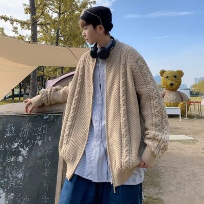 Mùa Đông 2022 Hợp Thời Trang Dây Kéo Cardigan Nam Xoắn Bóng Chày Cổ Áo Len Áo Khoác M1231