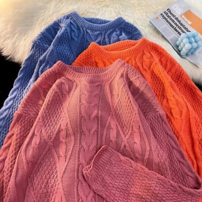 Áo len nam in kiểu dáng rộng Hồng Kông phiên bản Hàn Quốc xu hướng Nhật Bản cặp đôi áo len dệt kim thu đông áo len đáy dày