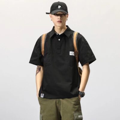 xuất khẩu mùa hè phong cách cổ điển Nhật Bản polo ngắn tay áo chui đầu dụng cụ áo sơ mi nam dáng rộng hợp thời trang ins size lớn hàng đầu bán buôn