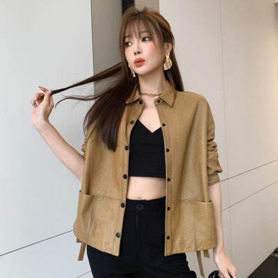 Quần áo da thật áo khoác thường nữ phiên bản Hàn Quốc áo khoác mỏng dáng ngắn xuân thu 2023 cổ áo sơ mi mới da cừu nhập khẩu