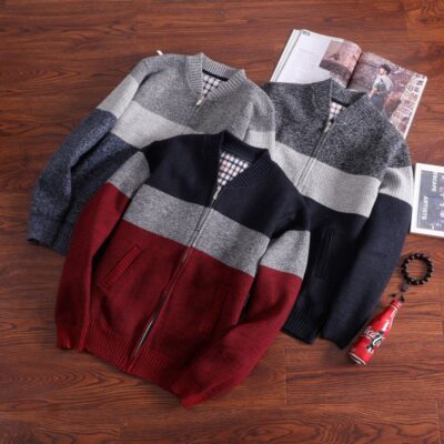 Màu xanh lông cừu nam bóng chày cổ áo phối màu áo len sọc cardigan áo len áo khoác mùa đông nam quần áo ty