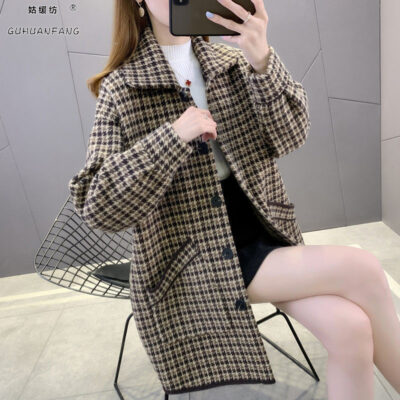 Len dày kẻ sọc áo khoác nữ mùa thu đông 2022 mới rời dệt kim 2 mặt áo khoác nylon nữ áo khoác ngoài