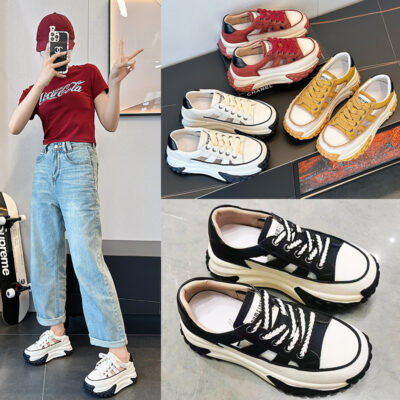 Giày bố đế dày tăng chiều cao phù hợp với tất cả các môn thể thao rỗng mùa xuân và mùa hè của phụ nữ khoe đôi chân nhỏ 2023 giày nữ thoáng khí thông thường