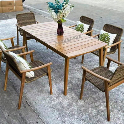 Bộ bàn ghế ngoài trời Bắc Âu sân vườn biệt thự ghế gỗ mây chống ăn mòn ngoài trời Bộ 7 món ghế mây gỗ tếch sân vườn ngoài trời