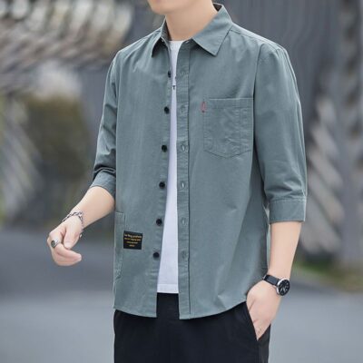 Cao cấp cotton thoải mái không cần ủi áo sơ mi ngắn tay mùa hè nam dáng rộng ba phần tư áo sơ mi dụng cụ giữa tay áo khoác