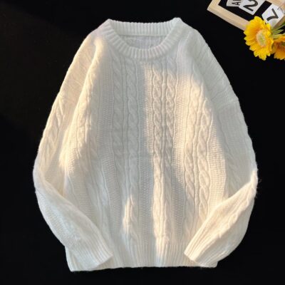 Áo len gió dáng rộng dáng rộng màu trơn đơn giản cổ tròn màu trắng nam nữ phiên bản Hàn Quốc trang phục cặp đôi theo xu hướng mùa thu đông