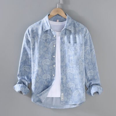 G037 Áo sơ mi dài tay in hình denim phong cách retro mới của Nhật Bản dành cho nam giới mùa xuân và mùa hè phù hợp với mọi trận đấu