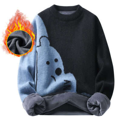 Áo len cổ tròn nam họa tiết gấu cá tính cộng với áo len dày nhung mùa thu đông thường phù hợp với tất cả các trận đấu áo len dệt kim dày