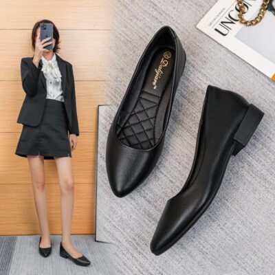 Đế bằng chống trượt giày đơn nữ mùa hè gót dày miệng nông xuân thu mới mũi nhọn gót thấp da mềm giày công sở