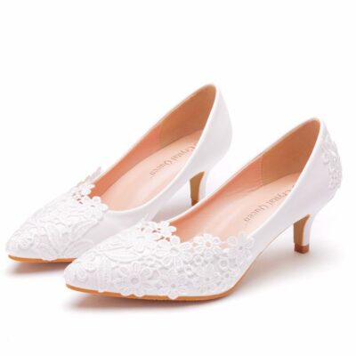 Giày cưới ren hoa đơn giản thanh lịch màu trắng giày cô dâu cao 5cm cho ảnh cưới người lớn giày lễ giày cưới