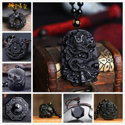 Ngoại Thương Obsidian Đầu Sói Hình Rồng Tengfeng Đồn Mặt Dây Chuyền Ruyi Voi Quan Âm Phật Trang Sức Vòng Cổ