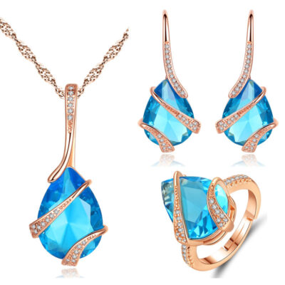 Mới Xanh Biển Bông Tai Giọt Vòng Cổ Nhẫn Đá Topaz Tự Nhiên Bộ Trang Sức Châu Âu Và Mỹ Retro Tai Nhà Máy Trang Sức