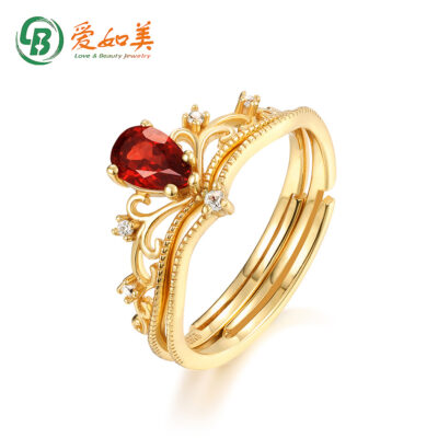 Nhẫn cung điện phong cách cổ điển Nhật Bản bằng vàng 14K nữ đá garnet mở đầu nhẫn vương miện thích hợp thiết kế ban đầu đơn giản