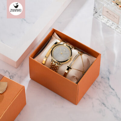 ZONMFEI thương hiệu tinh tế mờ đầy sao thép dây đồng hồ thời trang vòng tay kim cương đồng hồ kết hợp Bộ 3
