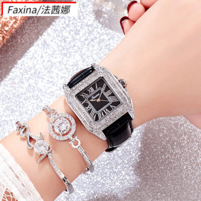 Fasina Douyin Đồng Hồ Nữ Mặt Vuông Thời Trang Retro Đồng Hồ Đơn Giản Đồng Hồ Nữ Hợp Kim Đính Kim Cương