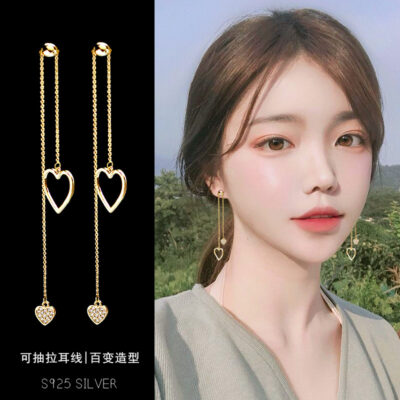 Hàn Quốc Đơn Giản Đôi Tình Yêu Tua Rua Bông Tai Bông Tai Dài Kim Cương Giả S925 Bạc Kim Tai Ren Bông Tai Sỉ Nữ