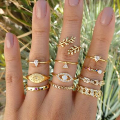 Xuyên Biên Giới Dành Riêng Cho Màu Lá Khớp Kim Cương Nhẫn Giọt Nước Giả Đá Opal Dát Nhẫn Bộ 11 Món