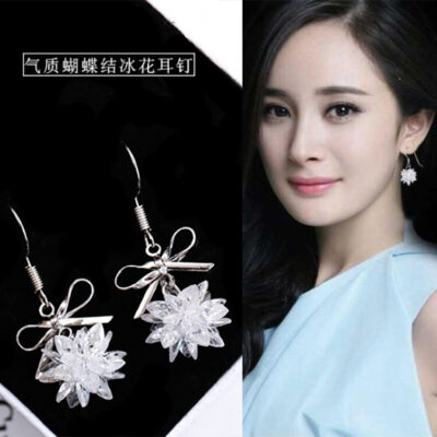 Thời Trang Mới Phiên Bản Hàn Quốc Bạc S925 Móc Tai Tính Khí Nơ Bông Tai Tua Dài Bông Tai Hoa Pha Lê Bông Tai