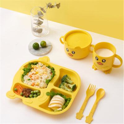 Little Yellow Duck Bát Bát Muỗng Nĩa Bộ 5 Món Bộ Trẻ Em Hình Phim Hoạt Hình Dễ Thương Đĩa Ăn Tối Mẫu Giáo Đĩa Ăn Trưa