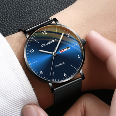 CUENA Nam Lịch Kép Dây Lưới Đồng Hồ Đơn Giản Ba Kim Sinh Viên Đồng Hồ Bán Buôn Đồng Hồ Thạch Anh Bán Buôn
