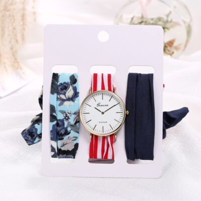 Nhà sản xuất tại chỗ thương mại nước ngoài bán chạy đồng hồ nữ dây vải hoa ba món đồng hồ thạch anh đồng hồ tóc thời trang dây đeo đồng hồ