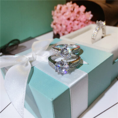 Nhẫn ánh sao bạc S925 khảm siêu nhỏ hai hàng kim cương carat nhẫn sáu lấy chống kim cương thật cửa hàng trang sức bạc nhẫn nữ