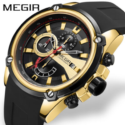 Đồng hồ đeo tay nam MEGIR thật ba mắt thể thao đa chức năng thạch anh silicon watch men2086