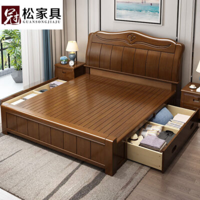 Giường gỗ nguyên khối phong cách Trung Quốc Giường đôi 1,8m Phòng ngủ chính 1,5m nội thất gỗ nguyên khối cao cấp lưu trữ giường cưới Nhà sản xuất bán buôn