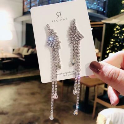 Bạc 925 Kim Ngày Hàn Quốc Mới Lưới Đỏ Bông Tai Tua Dài Thời Trang Huachao Flash Bông Tai Kim Cương Giả