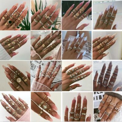 Âu Mỹ quốc tế Retro Bộ Nhẫn Phong Cách Bohemian Kim Cương Thả Hình Học Nữ Kim Cương Giả Đuôi Vòng Tay Trang Sức