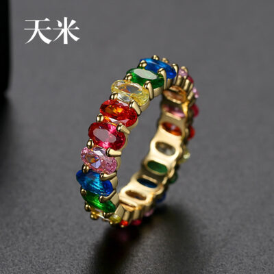 Nhẫn màu Tianmi zircon Châu Âu và Mỹ mới hip-hop cầu vồng nạm kim cương hàng hình denier Nhẫn Hiphop khảm