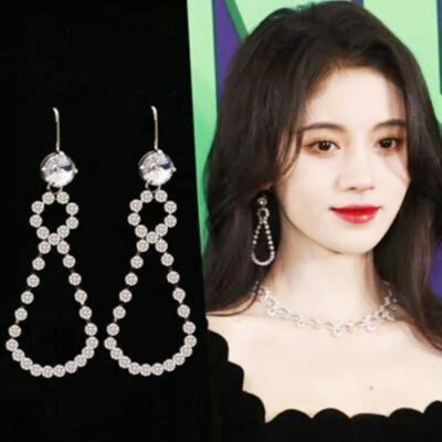 Bông tai kim cương đầy đủ 8 ký tự 2023 bông tai dài hợp thời trang mới phù hợp với bông tai mặt lớn bông tai giọt nước