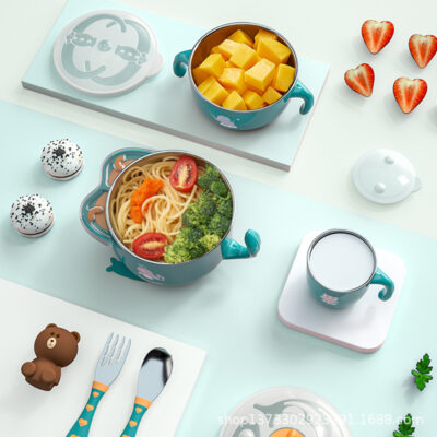 Cho bé ăn nước bổ sung bát ăn bằng thép không gỉ 316L phun nước cách nhiệt bộ đồ ăn trẻ em bộ bát ăn cho bé bộ thìa