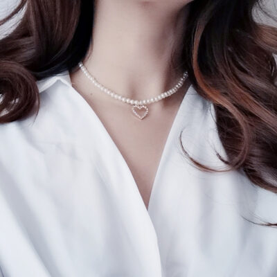 Tiên gió trang sức bé gái phụ kiện kim cương mặt dây chuyền trái tim vòng cổ choker ngắn xương quai xanh dây chuyền vòng cổ ngọc trai