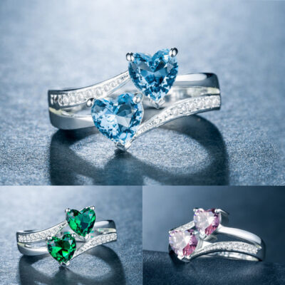 eBay xuyên biên giới nhẫn mới của phụ nữ nhẫn zircon đôi hình trái tim đá quý nhiều màu trang sức nhẫn đồng mạ bạch kim