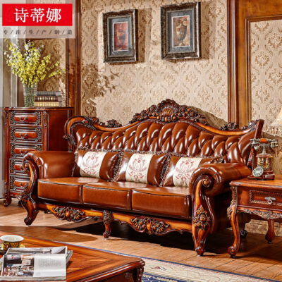Sofa da phong cách châu Âu kết hợp gỗ nguyên khối chạm khắc lớp đầu da bò cao cấp sofa kiểu Mỹ biệt thự phòng khách trọn gói