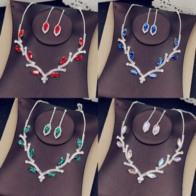 Mạng màu sắc đặc biệt pha lê rhinestone bộ trang sức cô dâu bông tai vòng cổ mạ bạc 2 bộ hai mảnh nguồn Taobao