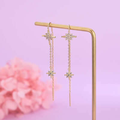 Bông tai hình lục giác nạm kim cương s925 phong cách Hàn Quốc thiết kế hốc thể hiện khuôn mặt hạt gạo mỏng nhân vật ngôi sao tua rua dòng tai nữ