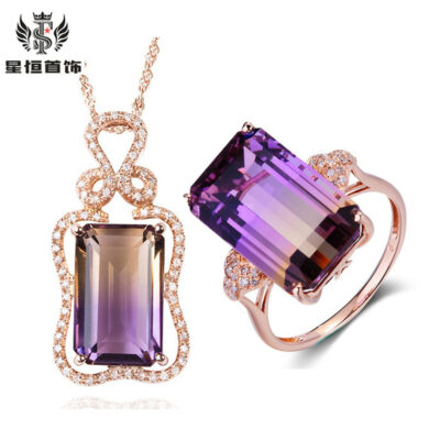 Bộ trang sức nhóm dát tourmaline đá quý màu mặt dây chuyền vuông nhẫn thạch anh tím Quà tặng ngày lễ tình nhân 2 bộ