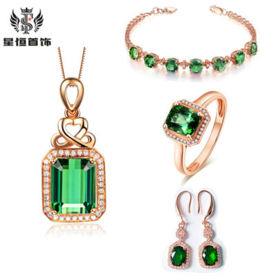Đá Quý Tourmaline Xanh Nhẫn Cỏ Ba Lá May Mắn Vòng Tay Ngọc Lục Bảo Vòng Cổ Châu Âu Và Mỹ Bông Tai Vintage Bộ Trang Sức
