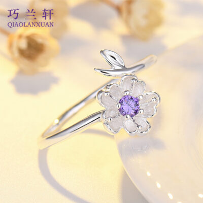 Qiaolanxuan thời trang Hàn Quốc hoa anh đào tươi nữ trang sức bạc Nhật Bản và Hàn Quốc mở nhẫn kim cương nhẫn sinh viên sáng tạo đơn giản