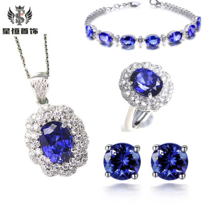 Vòng tay kho báu màu kim cương Nhẫn cánh hoa Tanzanite Châu Âu và Mỹ Mặt dây chuyền pha lê xanh lam Bộ trang sức bông tai sapphire bốn móng