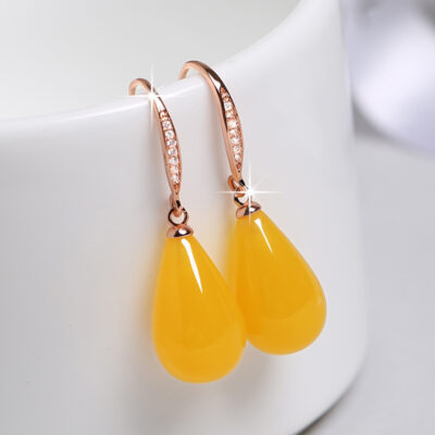 Bông tai bạc S925 nữ khảm bạc hổ phách sáp ong gà dầu huyết vàng hổ phách bông tai móc bông tai tai kim