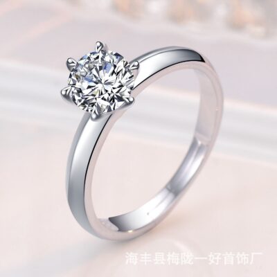 Nhẫn kim cương bạc 6 móng cổ điển dành cho nữ mạ vàng 18K vàng kim cương carbon cao nhẫn cầu hôn kim cương